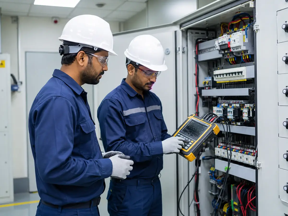 Electrical engineers performing a power quality audit on an electrical panel